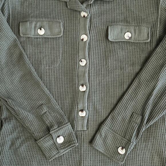 Olive Green Waffle Knit Button-Up Romper Size L Long Sleeve Collared Lounge - Picture 8 of 10
